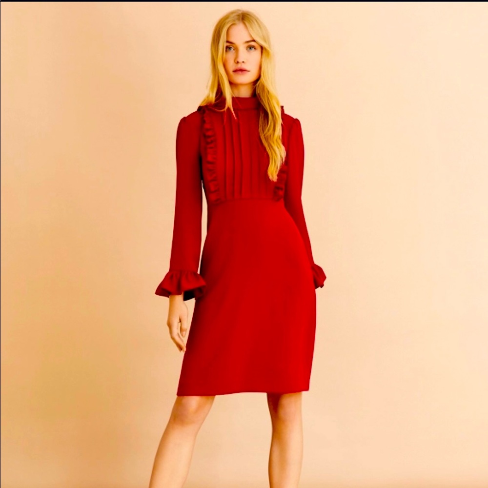 Vivid Red Crepe ruffle trim long sleeve dress - NWT
